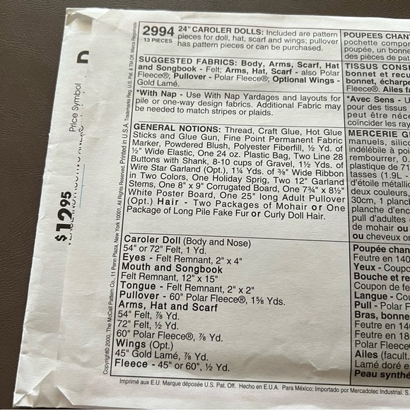 McCall's Sewing Pattern 2994 Caroler Dolls 24" Christmas Carols - Picture 4 of 6